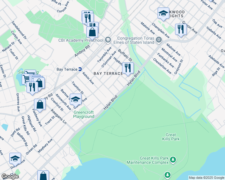 map of restaurants, bars, coffee shops, grocery stores, and more near 40 Ovis Place in Staten Island