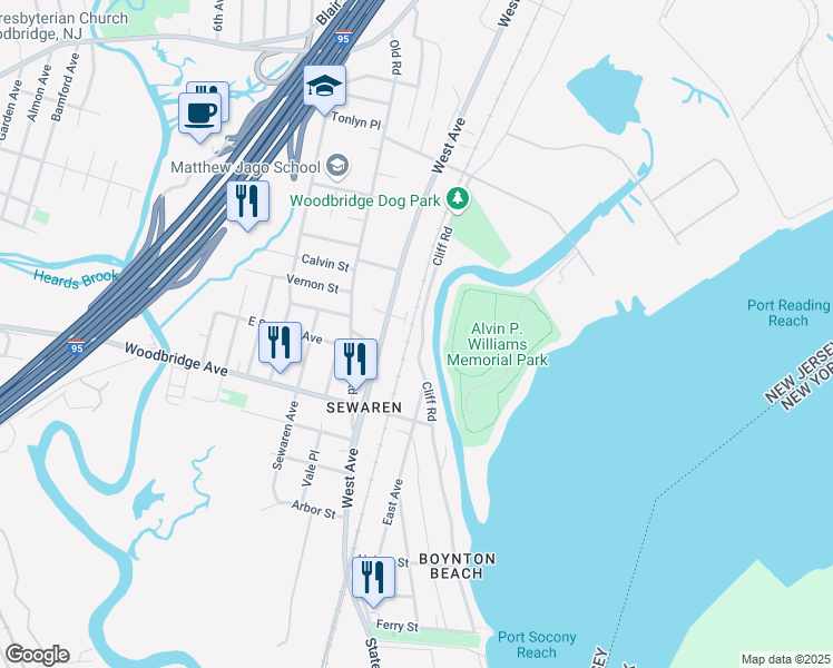 map of restaurants, bars, coffee shops, grocery stores, and more near 563 Cliff Road in Woodbridge Township