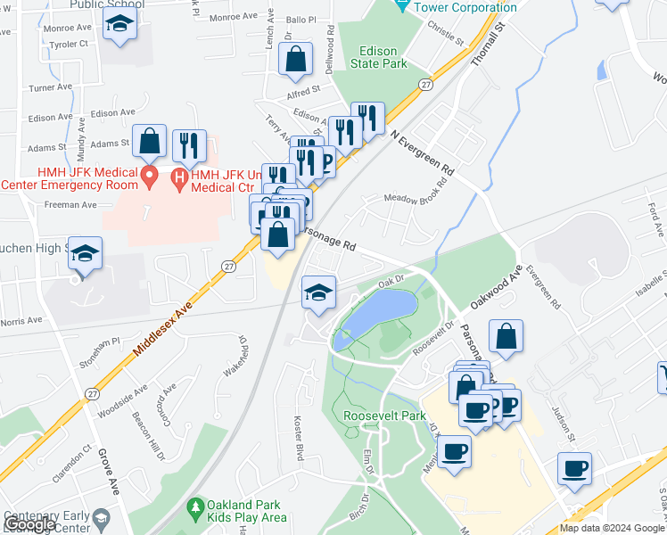 map of restaurants, bars, coffee shops, grocery stores, and more near 433 Parsonage Road in Edison
