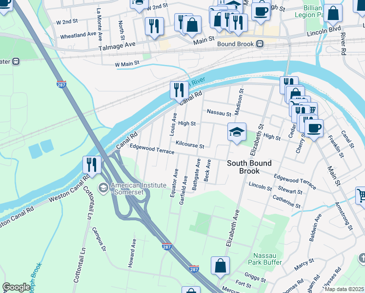 map of restaurants, bars, coffee shops, grocery stores, and more near 258 Edgewood Terrace in South Bound Brook