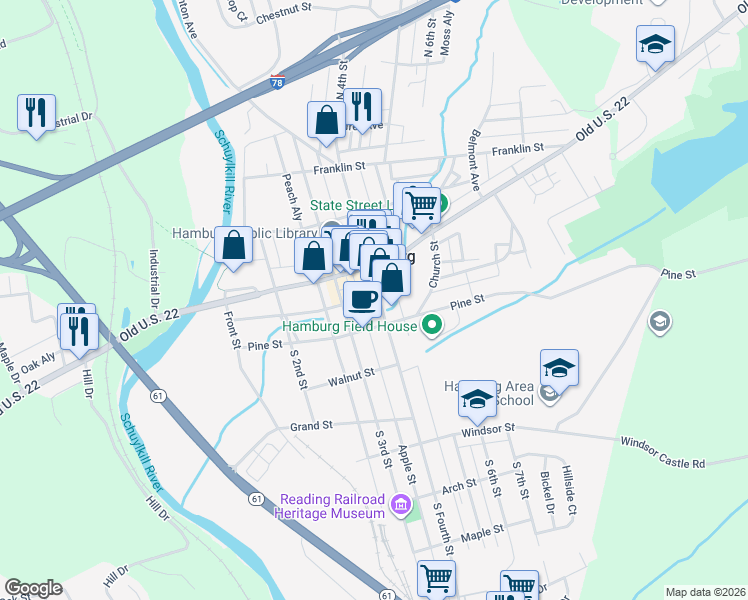 map of restaurants, bars, coffee shops, grocery stores, and more near 46 Apple Street in Hamburg