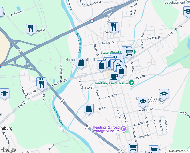 map of restaurants, bars, coffee shops, grocery stores, and more near 235 Washington Street in Hamburg