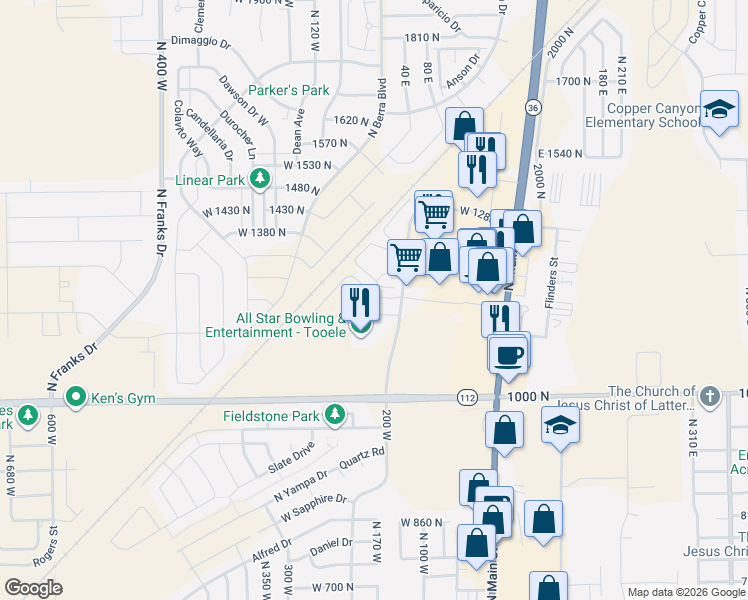 map of restaurants, bars, coffee shops, grocery stores, and more near 223 Crescent View Lane in Tooele