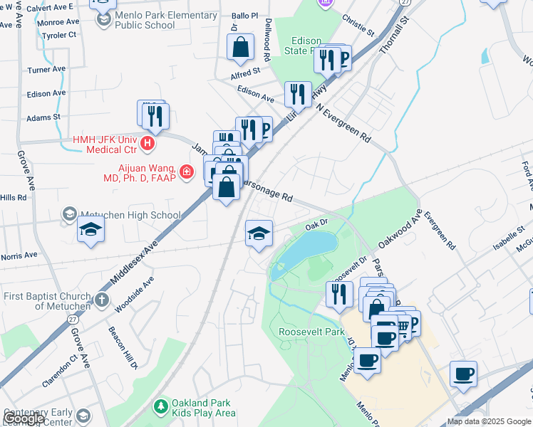 map of restaurants, bars, coffee shops, grocery stores, and more near 433 Parsonage Road in Edison