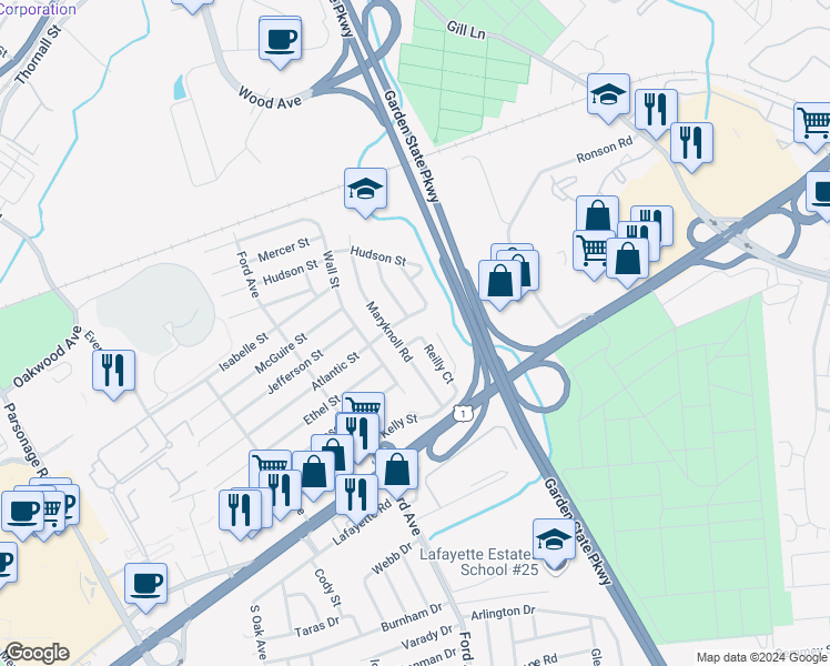 map of restaurants, bars, coffee shops, grocery stores, and more near 45 Reilly Court in Metuchen