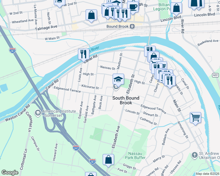 map of restaurants, bars, coffee shops, grocery stores, and more near 126 Madison Street in South Bound Brook