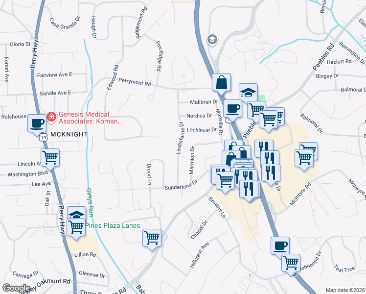 map of restaurants, bars, coffee shops, grocery stores, and more near 7984 Lindisfarne Drive in Pittsburgh