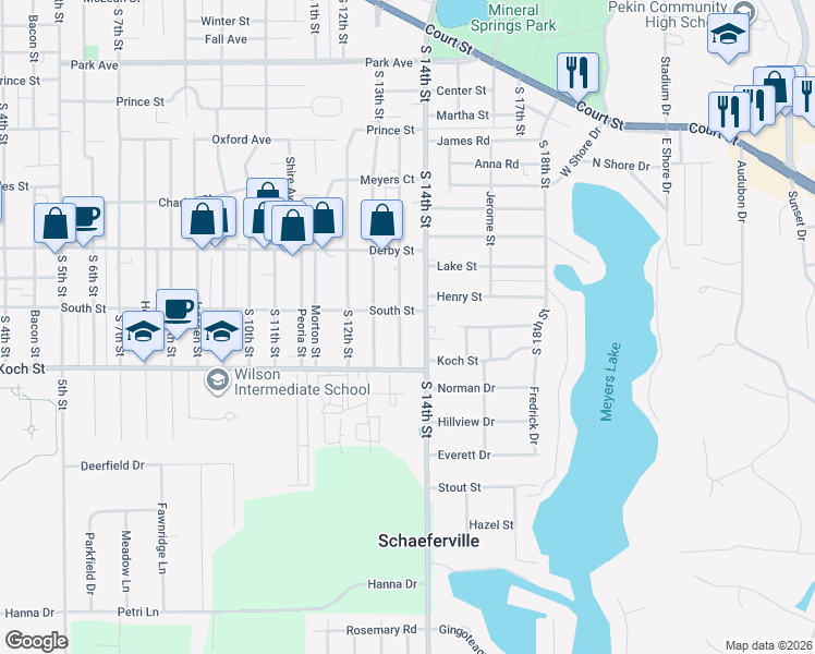 map of restaurants, bars, coffee shops, grocery stores, and more near 1411 Black Street in Pekin