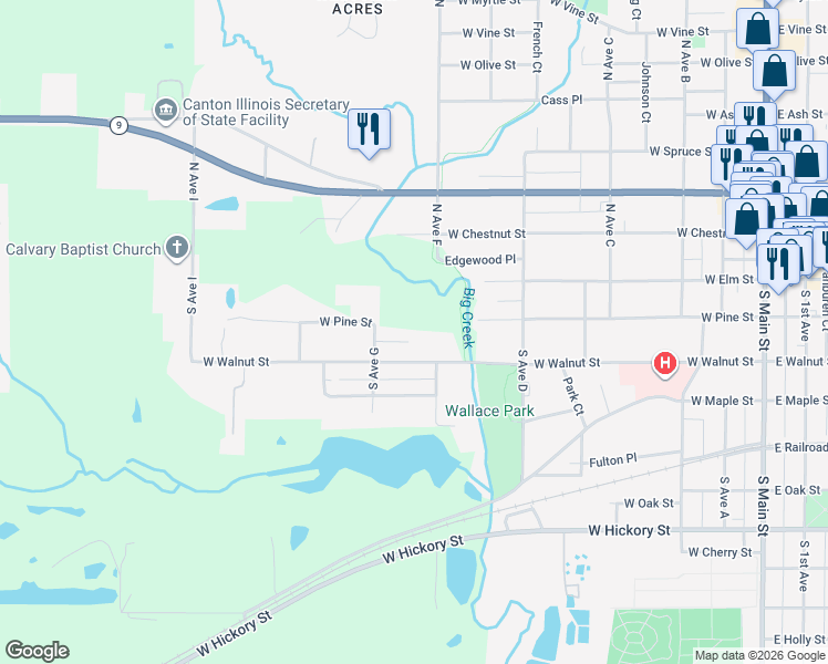 map of restaurants, bars, coffee shops, grocery stores, and more near 621 West Walnut Street in Canton