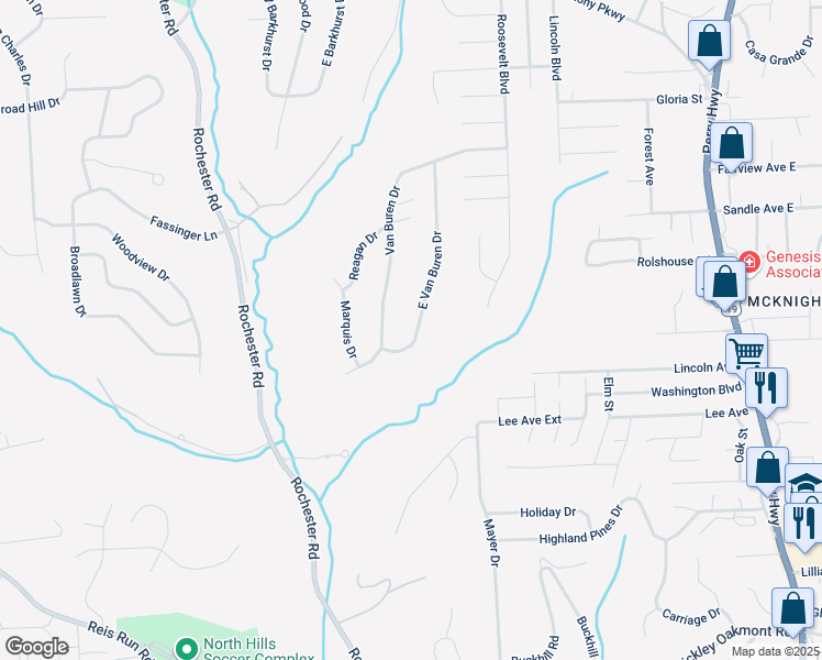 map of restaurants, bars, coffee shops, grocery stores, and more near 8205 East Van Buren Drive in Pittsburgh