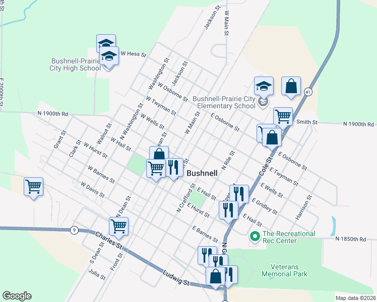 map of restaurants, bars, coffee shops, grocery stores, and more near 600-698 East Main Street in Bushnell