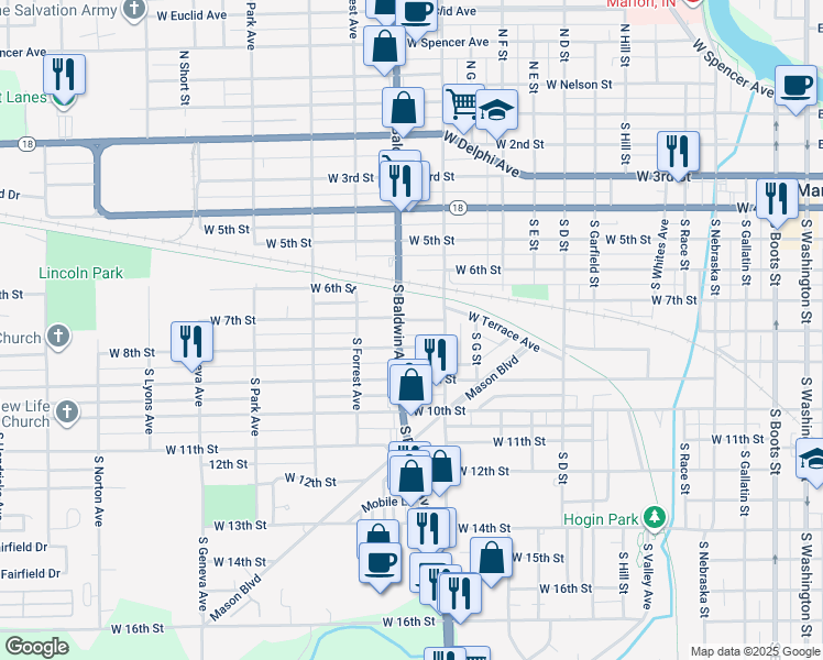 map of restaurants, bars, coffee shops, grocery stores, and more near 705 South Baldwin Avenue in Marion