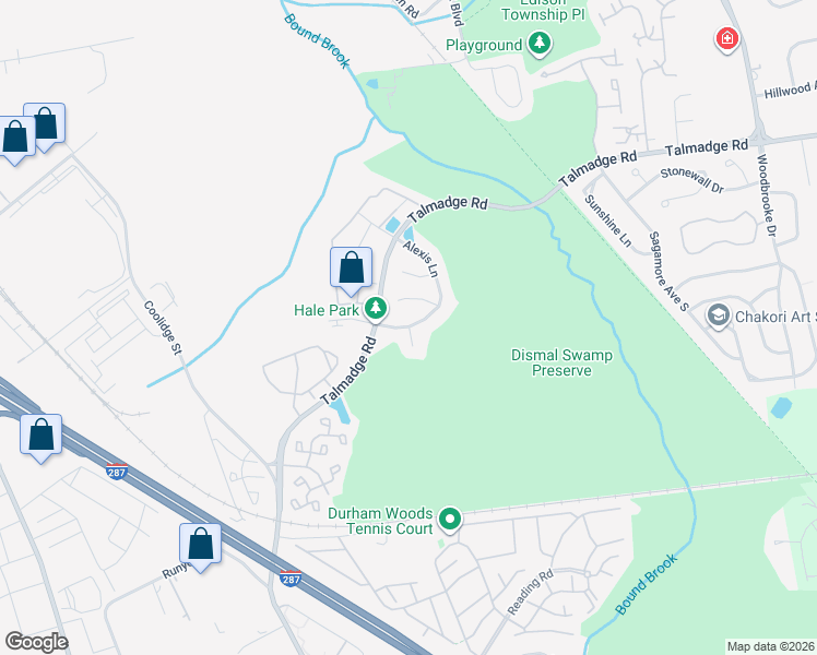 map of restaurants, bars, coffee shops, grocery stores, and more near 7 Alexis Lane in Edison