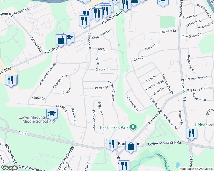 map of restaurants, bars, coffee shops, grocery stores, and more near 1339 Brassie Street in Wescosville