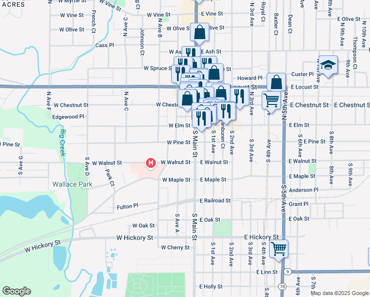 map of restaurants, bars, coffee shops, grocery stores, and more near 180 South Main Street in Canton