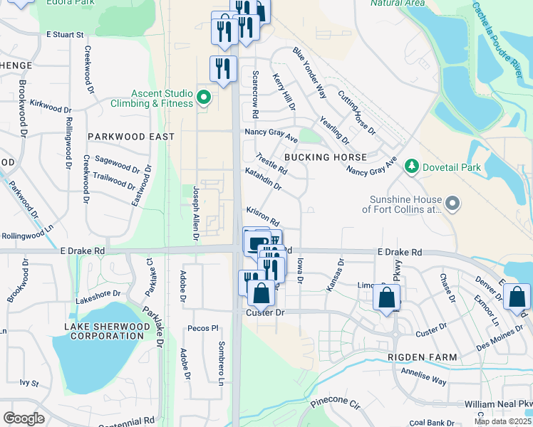 map of restaurants, bars, coffee shops, grocery stores, and more near 2450 Windrow Drive in Fort Collins