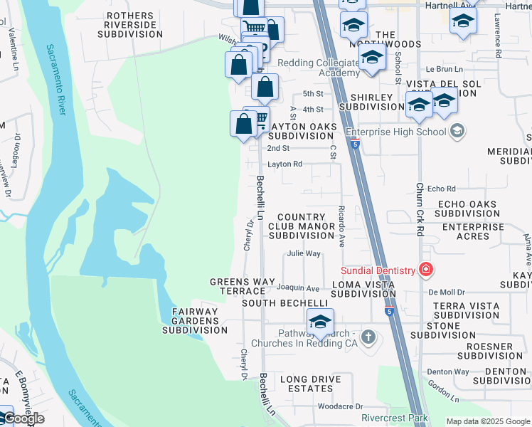 map of restaurants, bars, coffee shops, grocery stores, and more near 3691 Bechelli Lane in Redding