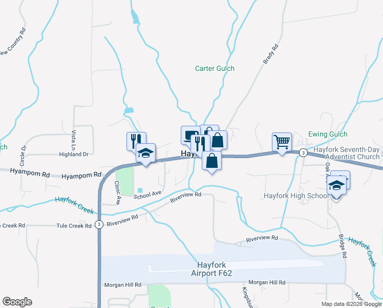 map of restaurants, bars, coffee shops, grocery stores, and more near 7091 Highway 3 in Hayfork