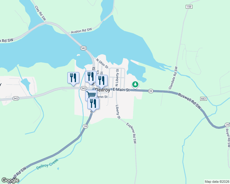 map of restaurants, bars, coffee shops, grocery stores, and more near 10 South Liberty Street in Dellroy