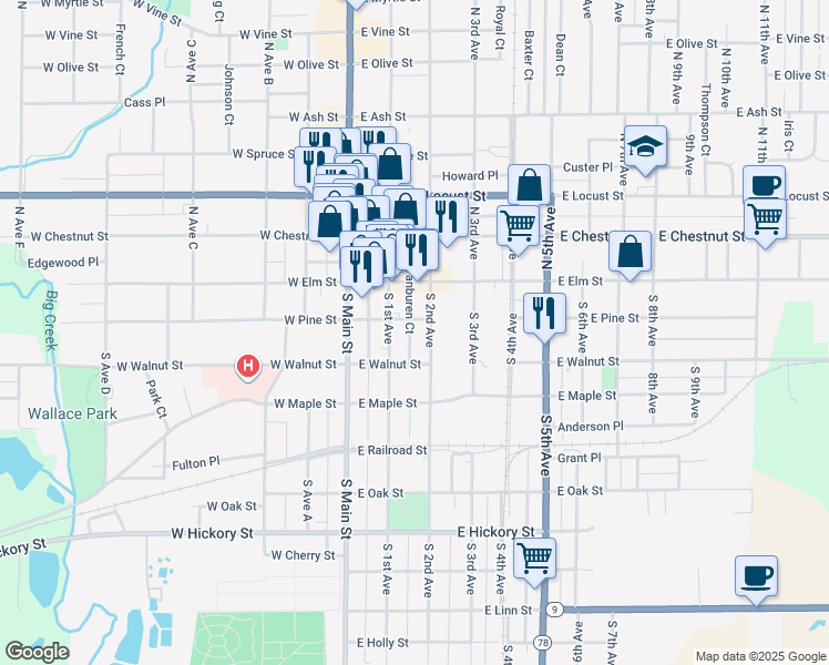 map of restaurants, bars, coffee shops, grocery stores, and more near 129 South 1st Avenue in Canton