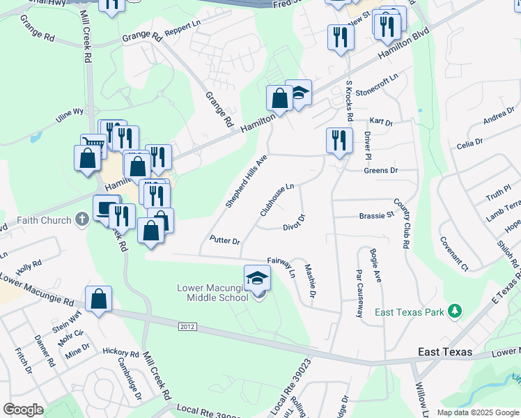map of restaurants, bars, coffee shops, grocery stores, and more near 6045 Clubhouse Lane in Wescosville