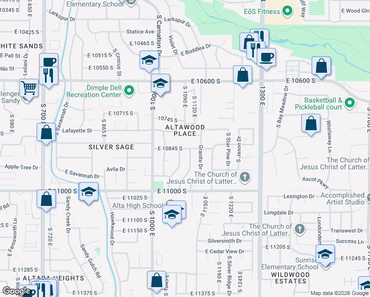 map of restaurants, bars, coffee shops, grocery stores, and more near East 10845 South in Sandy