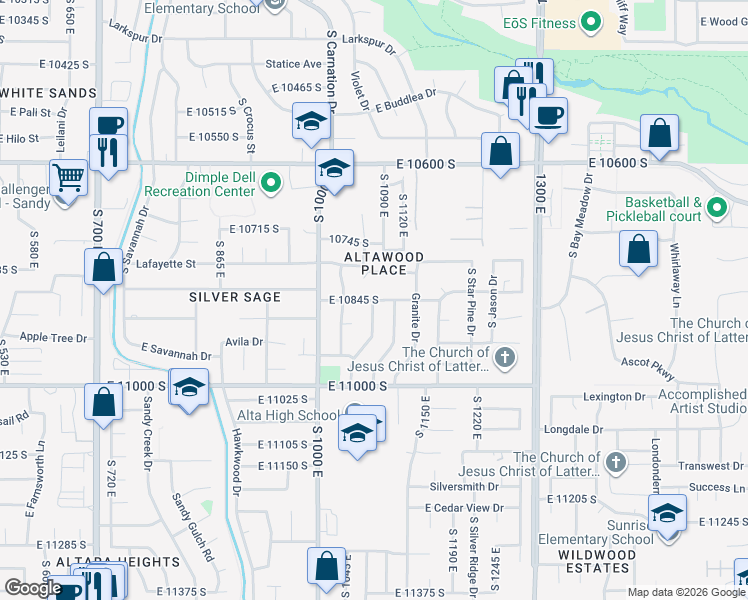 map of restaurants, bars, coffee shops, grocery stores, and more near East 10845 South in Sandy
