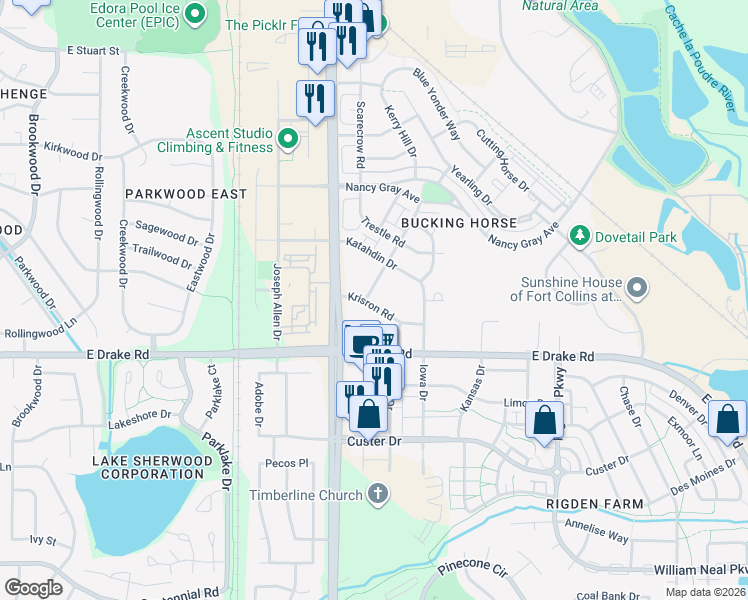 map of restaurants, bars, coffee shops, grocery stores, and more near 2133 Krisron Road in Fort Collins