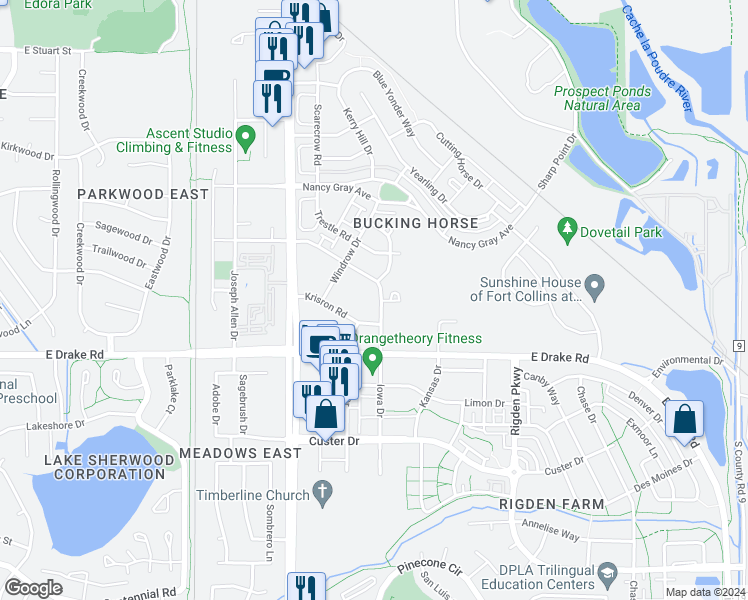 map of restaurants, bars, coffee shops, grocery stores, and more near 2250 Krisron Road in Fort Collins