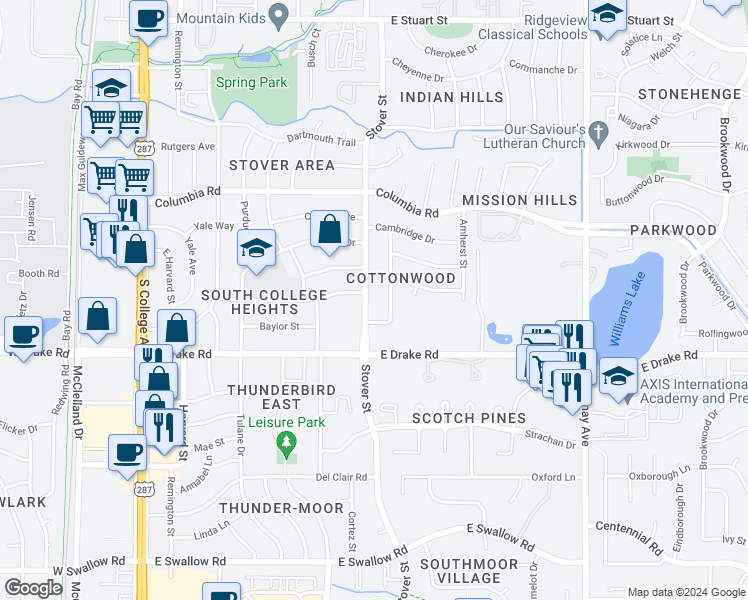 map of restaurants, bars, coffee shops, grocery stores, and more near 2460 Stover Street in Fort Collins