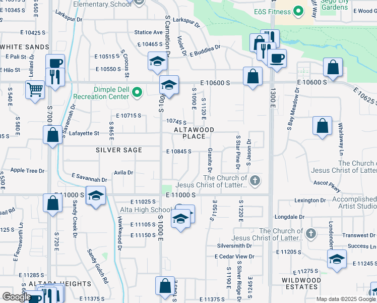 map of restaurants, bars, coffee shops, grocery stores, and more near 1060 East 10845 South in Sandy