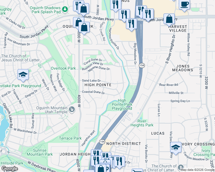 map of restaurants, bars, coffee shops, grocery stores, and more near 10961 Samoa Dune Drive in South Jordan
