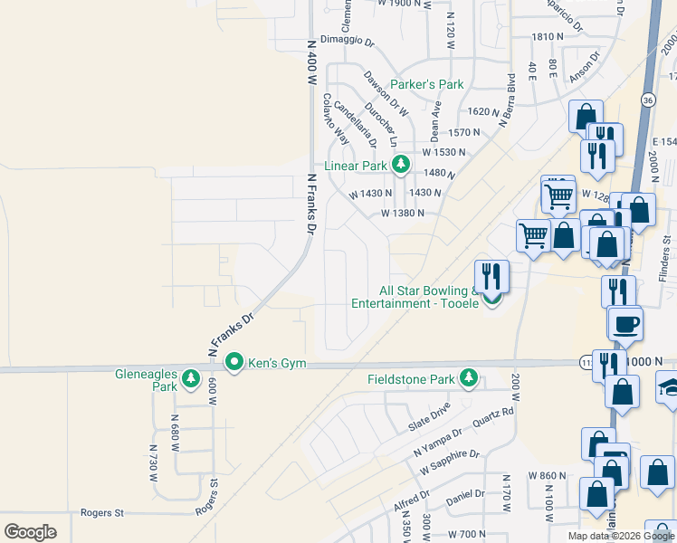 map of restaurants, bars, coffee shops, grocery stores, and more near 1217 North 340 West in Tooele