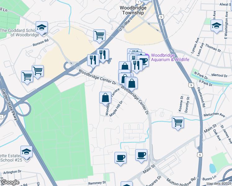 map of restaurants, bars, coffee shops, grocery stores, and more near 133 Woodbridge Terrace in Woodbridge Township