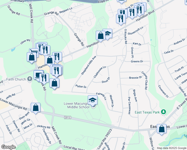 map of restaurants, bars, coffee shops, grocery stores, and more near 6045 Clubhouse Lane in Wescosville