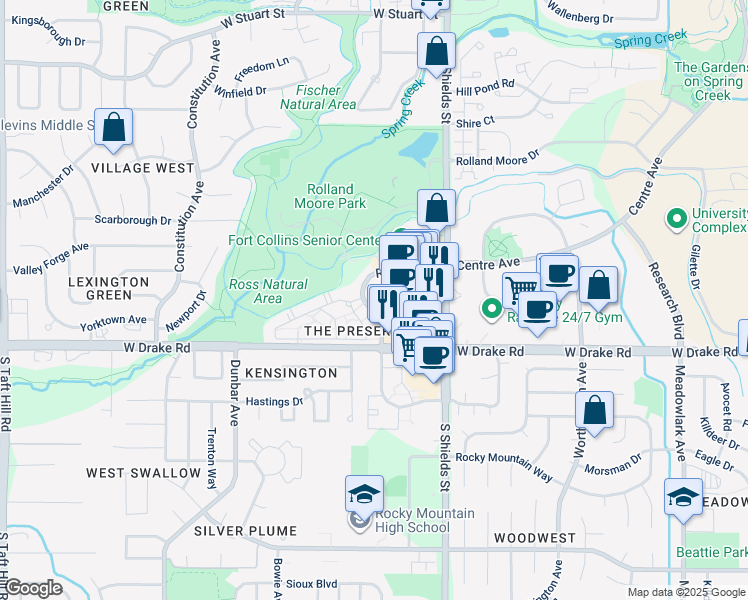 map of restaurants, bars, coffee shops, grocery stores, and more near 2544 Raintree Drive in Fort Collins