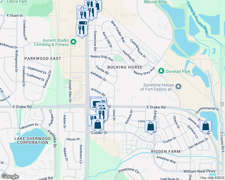 map of restaurants, bars, coffee shops, grocery stores, and more near 2250 Krisron Road in Fort Collins