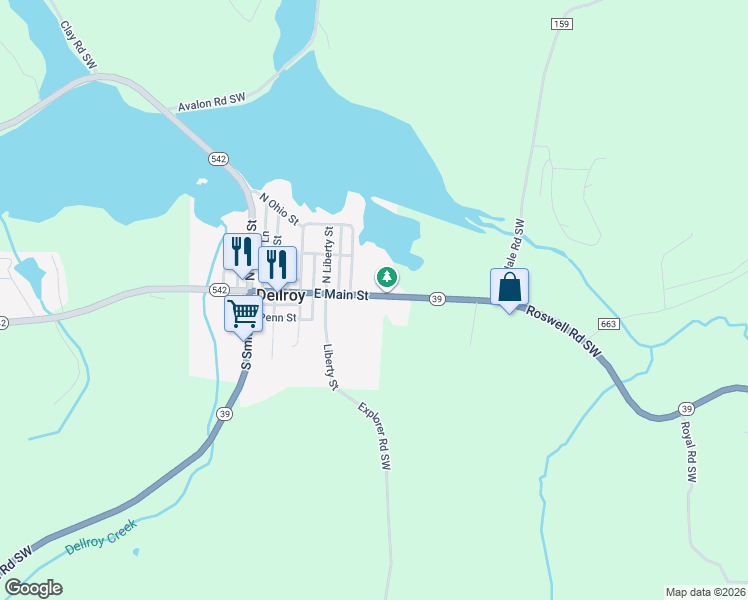 map of restaurants, bars, coffee shops, grocery stores, and more near 34 East Main Street in Dellroy