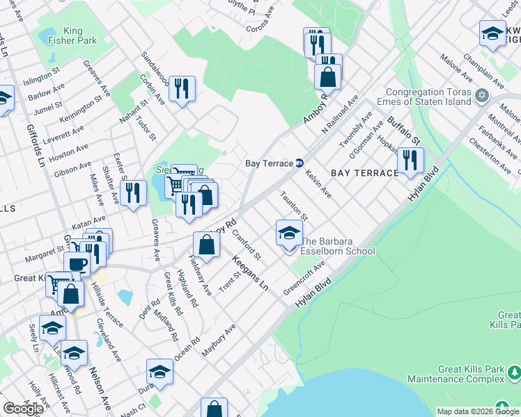 map of restaurants, bars, coffee shops, grocery stores, and more near 27 Bartow Street in Staten Island