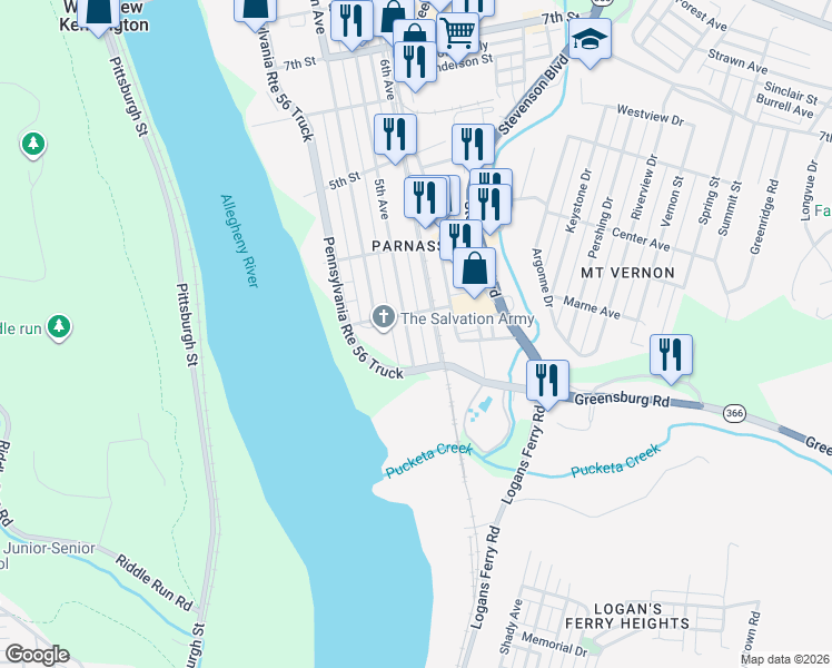 map of restaurants, bars, coffee shops, grocery stores, and more near 227 5th Avenue in New Kensington