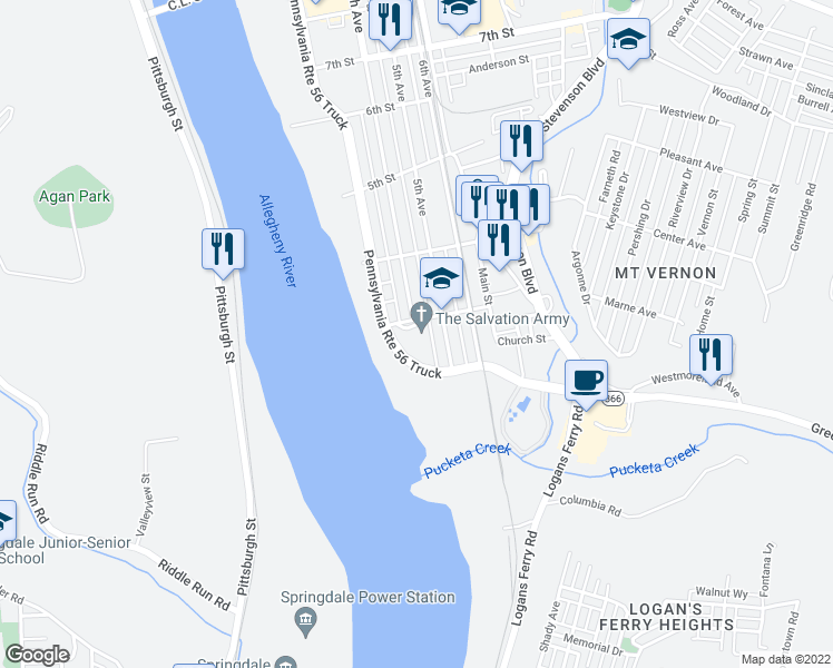 map of restaurants, bars, coffee shops, grocery stores, and more near 255 3rd Street in New Kensington