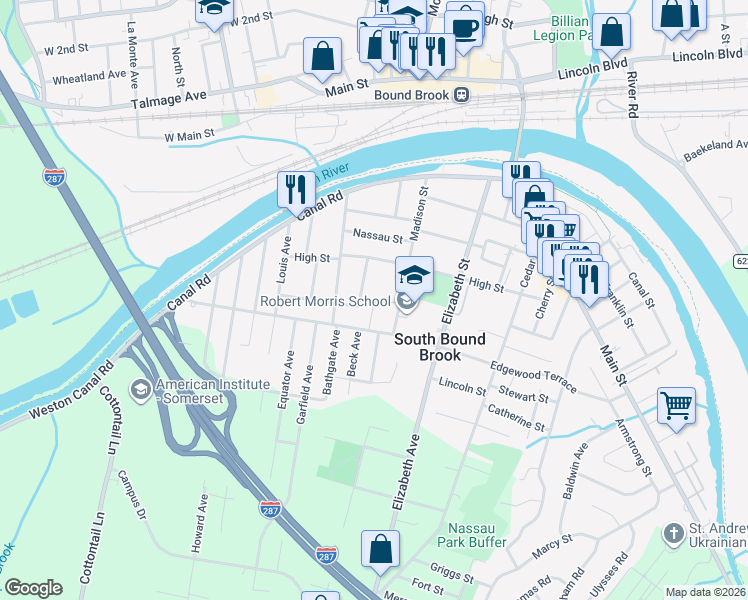 map of restaurants, bars, coffee shops, grocery stores, and more near 120B Little Place in South Bound Brook
