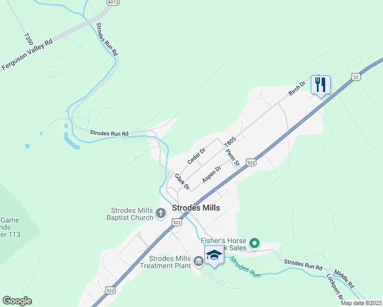 map of restaurants, bars, coffee shops, grocery stores, and more near 25 Cedar Drive in Lewistown