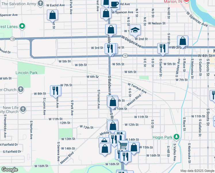 map of restaurants, bars, coffee shops, grocery stores, and more near 705 S Baldwin Ave in Marion