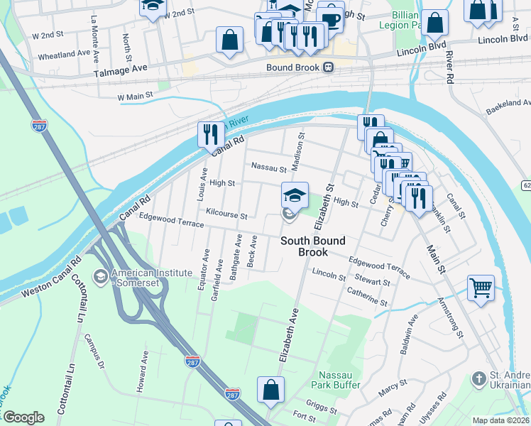 map of restaurants, bars, coffee shops, grocery stores, and more near 120B Little Place in South Bound Brook