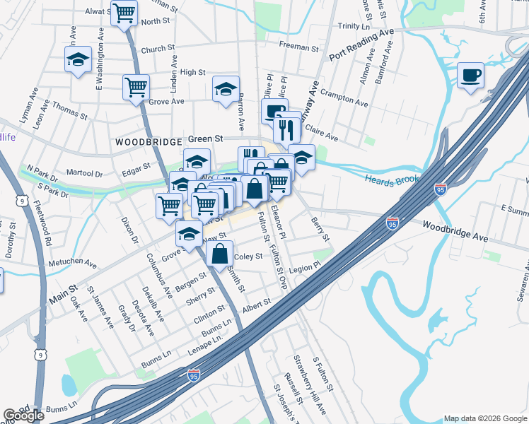 map of restaurants, bars, coffee shops, grocery stores, and more near 362 Eleanor Place in Woodbridge Township