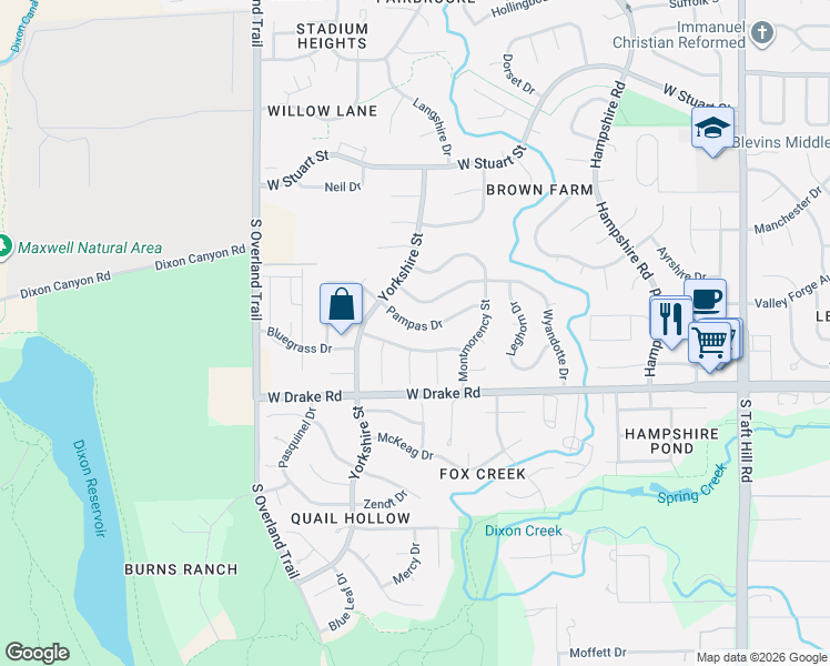 map of restaurants, bars, coffee shops, grocery stores, and more near 2736 Bluegrass Drive in Fort Collins