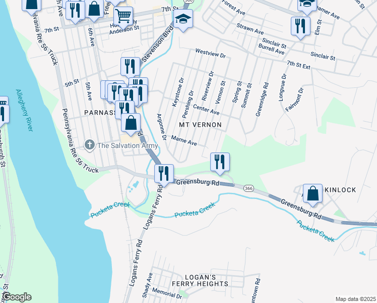 map of restaurants, bars, coffee shops, grocery stores, and more near 124 Argonne Drive in New Kensington
