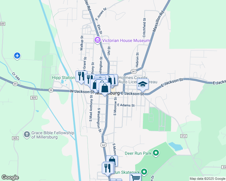 map of restaurants, bars, coffee shops, grocery stores, and more near 1 East Jackson Street in Millersburg