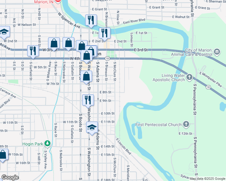 map of restaurants, bars, coffee shops, grocery stores, and more near 801-899 South McClure Street in Marion